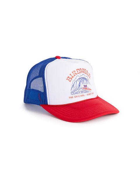 3/4 view of the hat. white with a red and blue birdwell graphic of birdie surfing with the text 