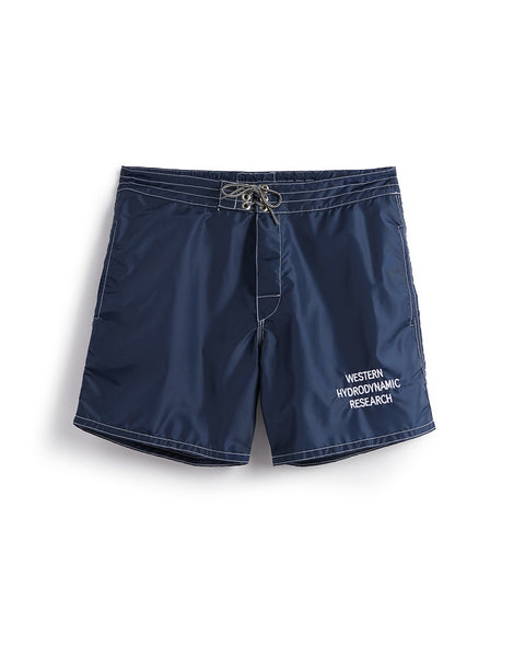 Front of Navy Halfie Short with side seam pockets and Western Hydrodynamic Research embroidered in white.