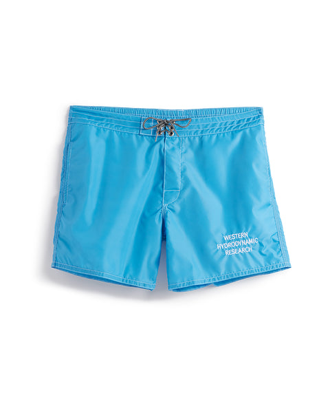 Front of Sky Blue Halfie Short with side seam pockets and Western Hydrodynamic Research embroidered in white.
