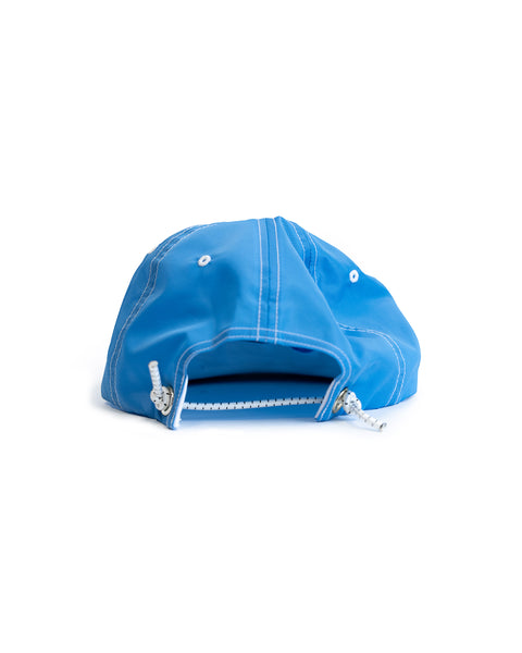 Back of WHR hat in Sky Blue. Features WHR Shock Cord Bungee closure.