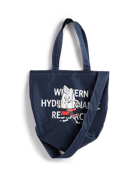 Front of tote bag in navy. Screenprinted graphic with birdie standing over Western Hydrodynamic Research Text