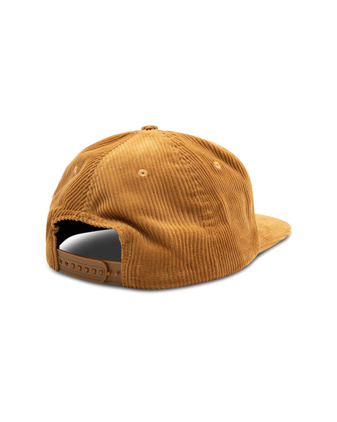 Image shows back of Wordmark Cord Snapback in gold.
