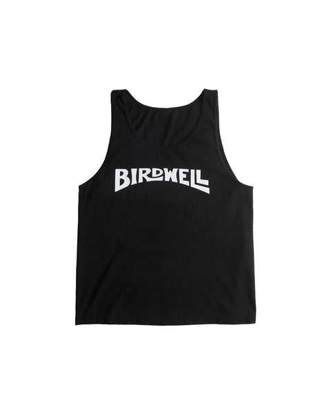 Image shows the front view of the Wordmark tank in black. Wordmark graphic in white sits across the chest area.