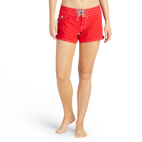 404BoardShorts_WOMENS_BOARDSHORTS-CLASSIC_RED_WA3404 On Model Front View 
