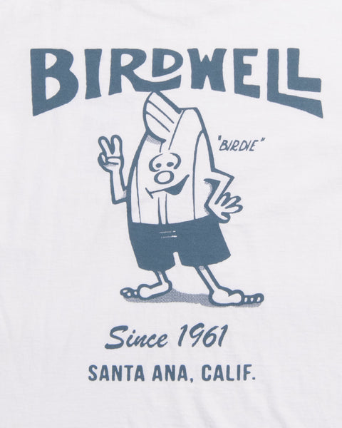 Close up of blue Birdie graphic. Text reads 'Birdwell Since 1961. Santa Ana, Calif'.