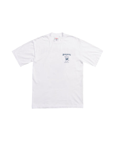 Front view of 61 Tee in white, with blue Birdie graphic on right chest