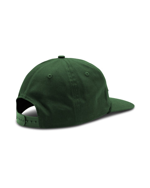 The Service Snapback in Green, with plastic snap and visor rope detail. Back angle.